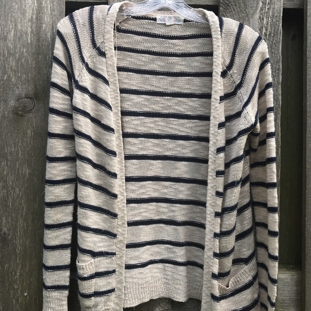 Beige & Navy Blue Striped Cardigan